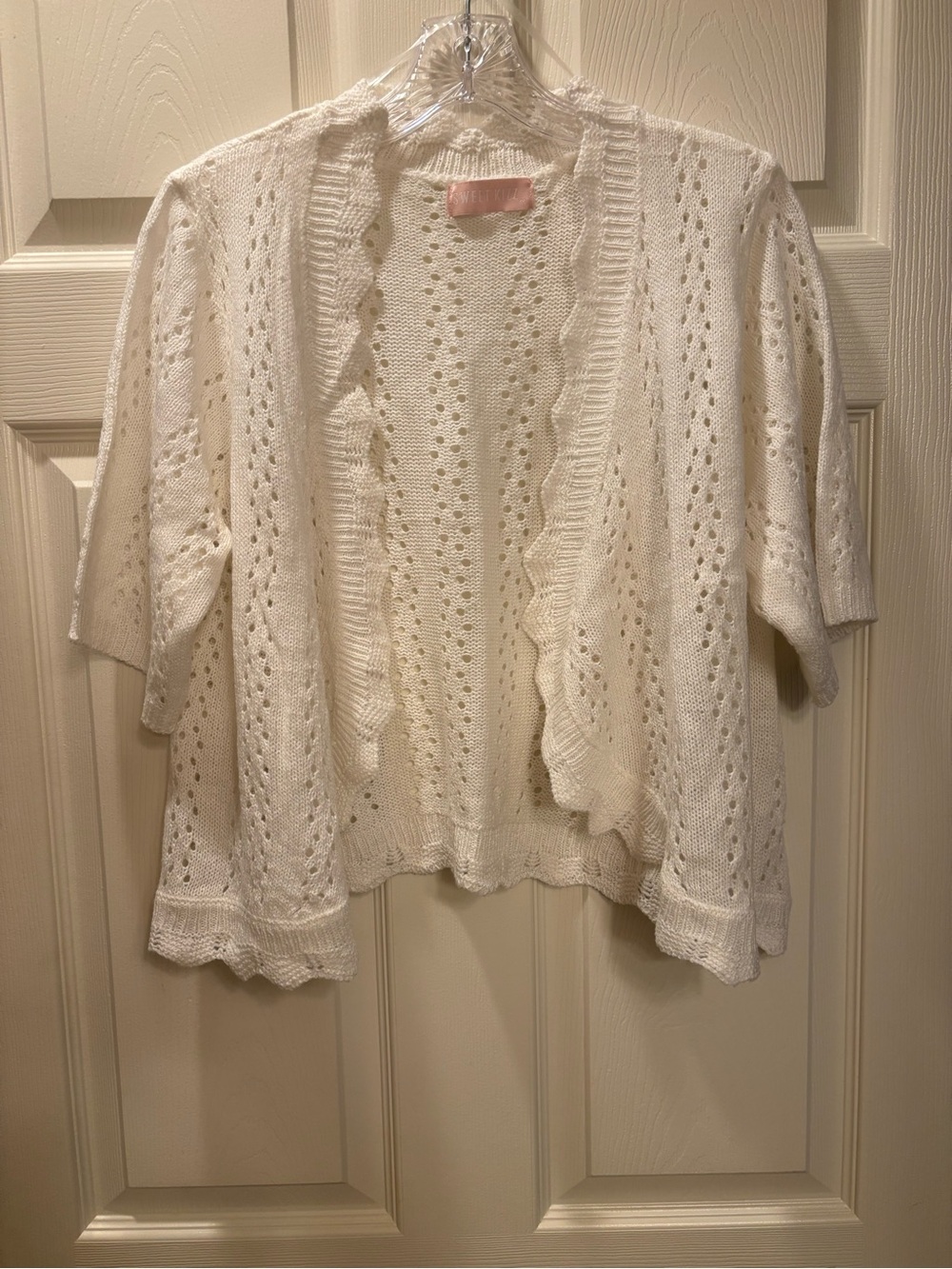 Women's White Openwork Knit Cardigan Sweater